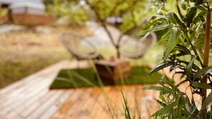 A wooden deck with a green mat, a metal chair, and a plant with green leaves.