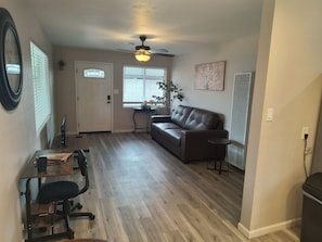 A living room with a brown leather sofa, a ceiling fan, a small table with a plant, and a door with a window.