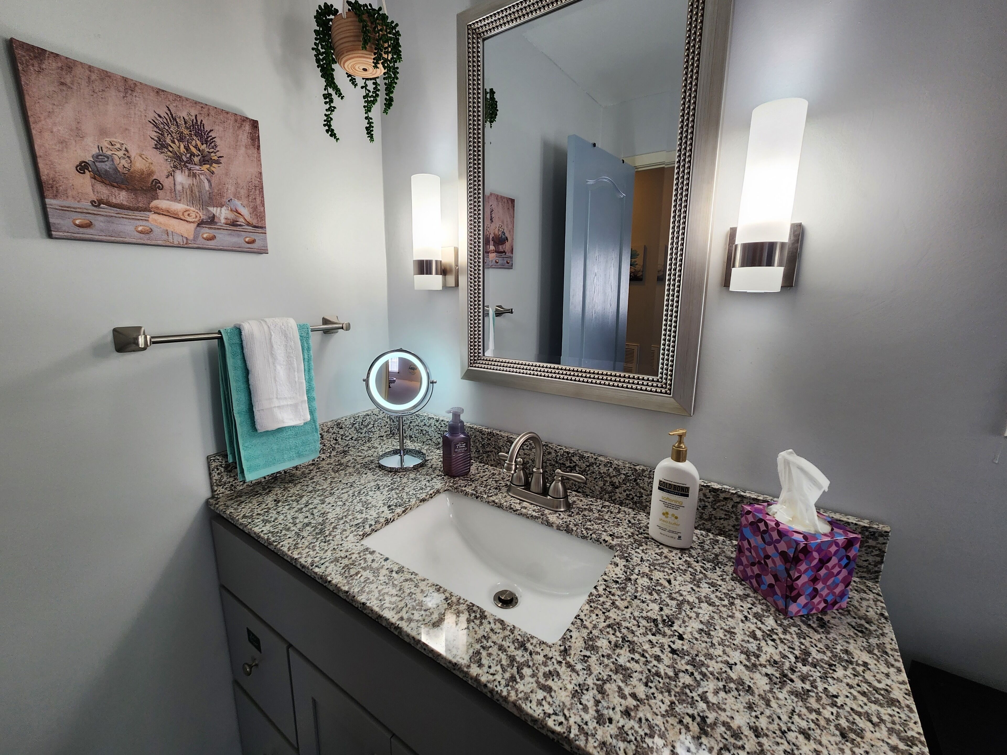 A bathroom with a granite countertop, a white sink, a large mirror, a towel rack, a decorative plant, and a wall-mounted light fixture.
