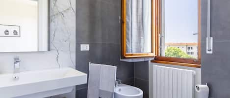 Shower, hair dryer, bidet, towels