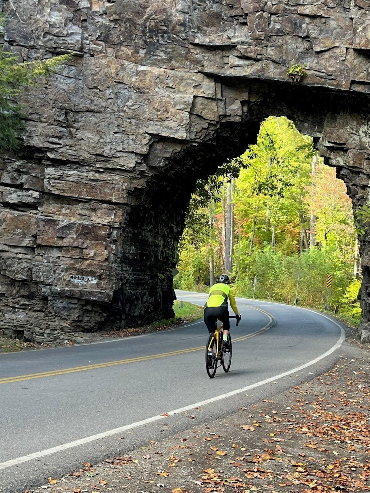 Un cycliste roule sous un pont de pierre, sur une route sinueuse bordée d’arbres.