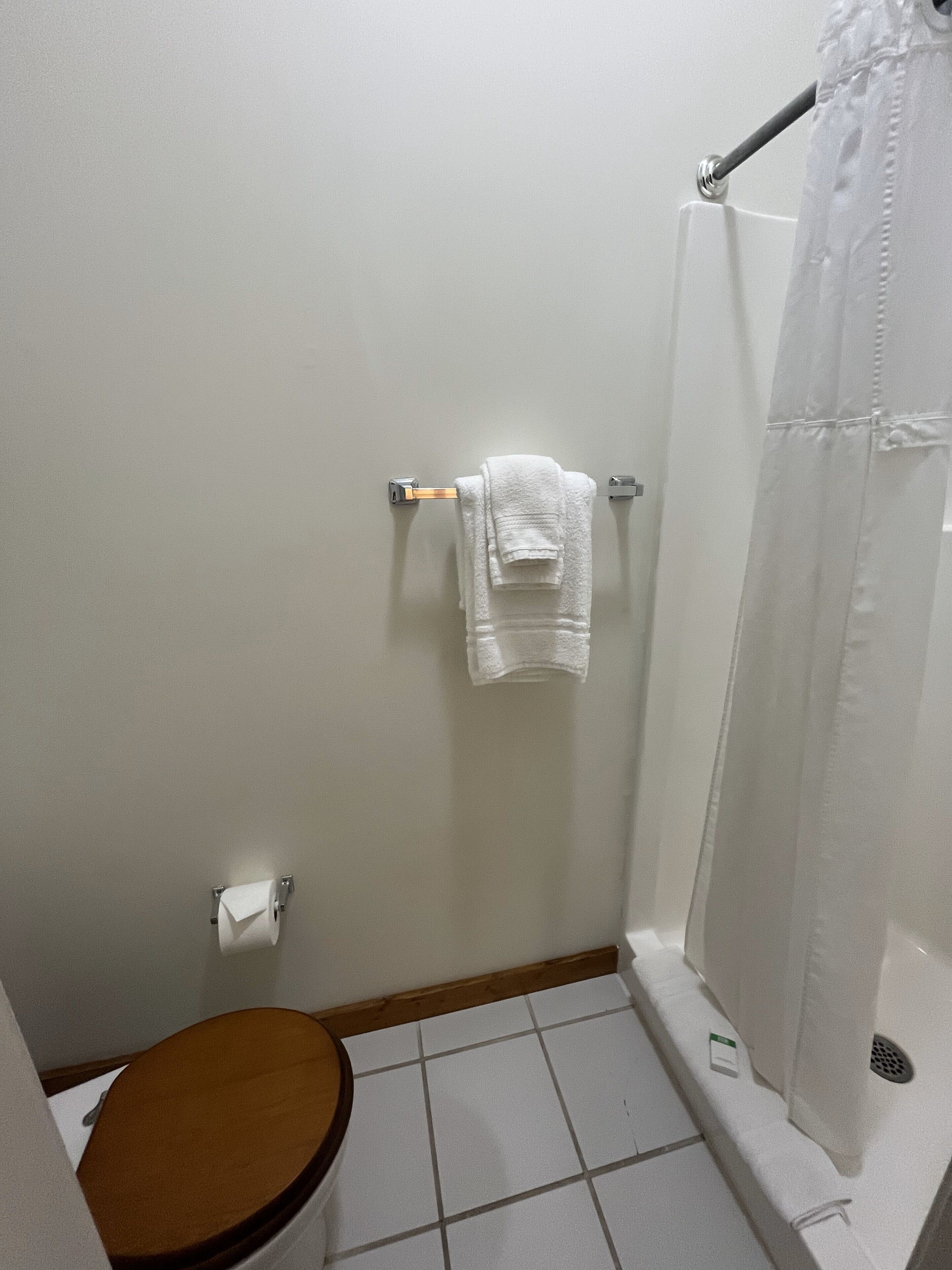 Un baño pequeño con un inodoro, un perchero con dos toallas, una cortina de ducha y un dispensador de papel higiénico.