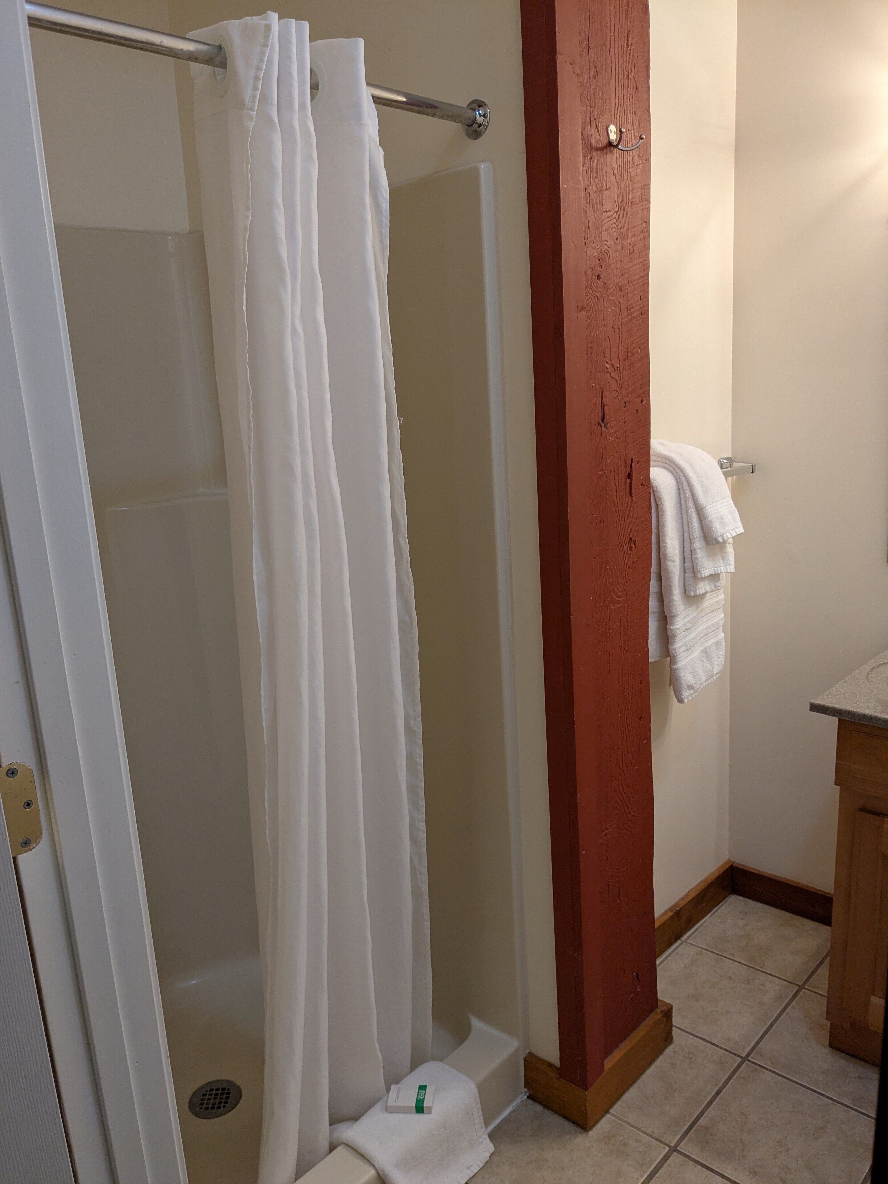 Una ducha con puerta de vidrio, un perchero para toallas y un pilar de madera.