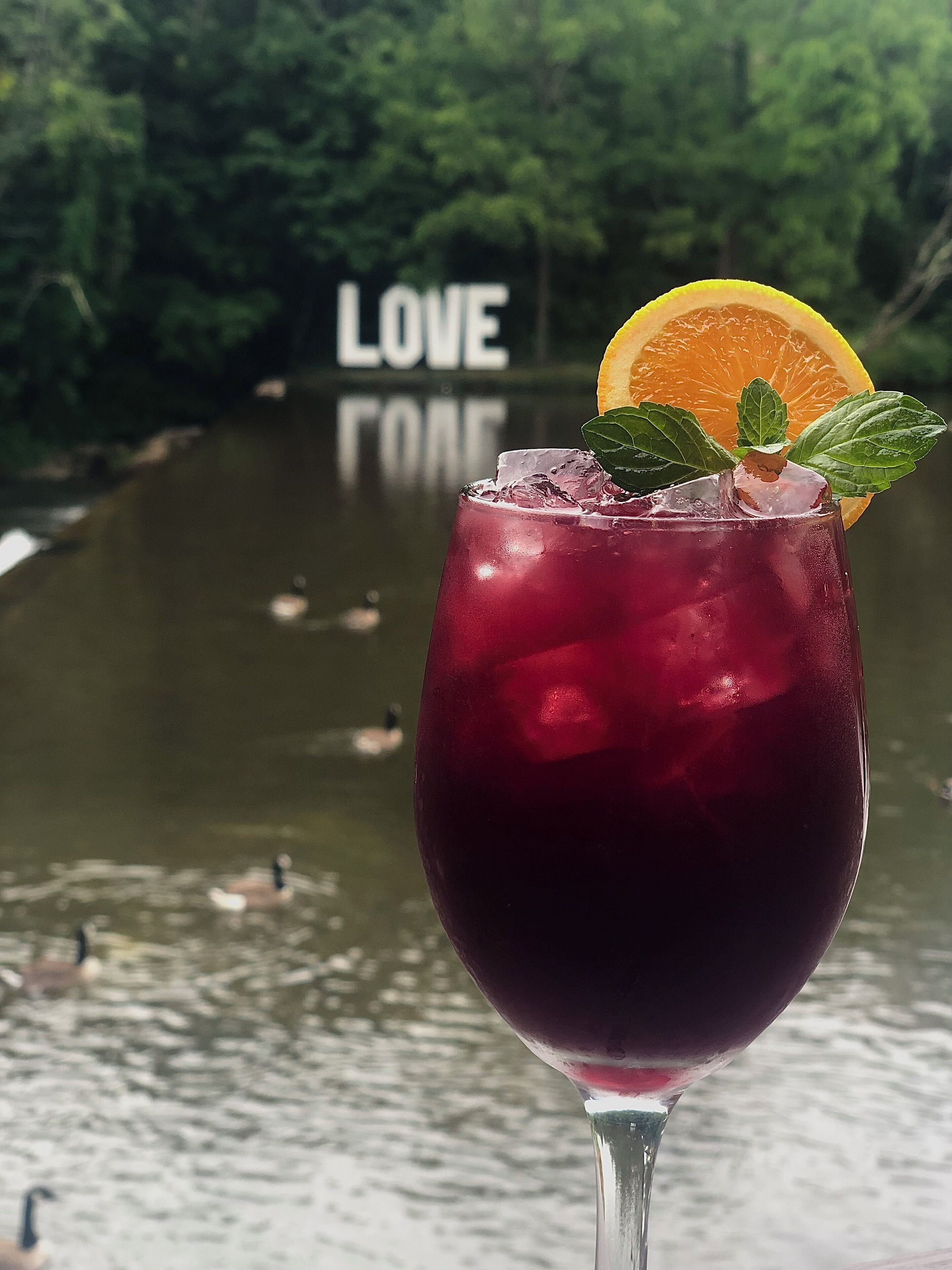 Un vaso de bebida roja con hielo, adornado con una rodaja de naranja y hojas de menta, frente a un cuerpo de agua con patos y un cartel que dice "LOVE".