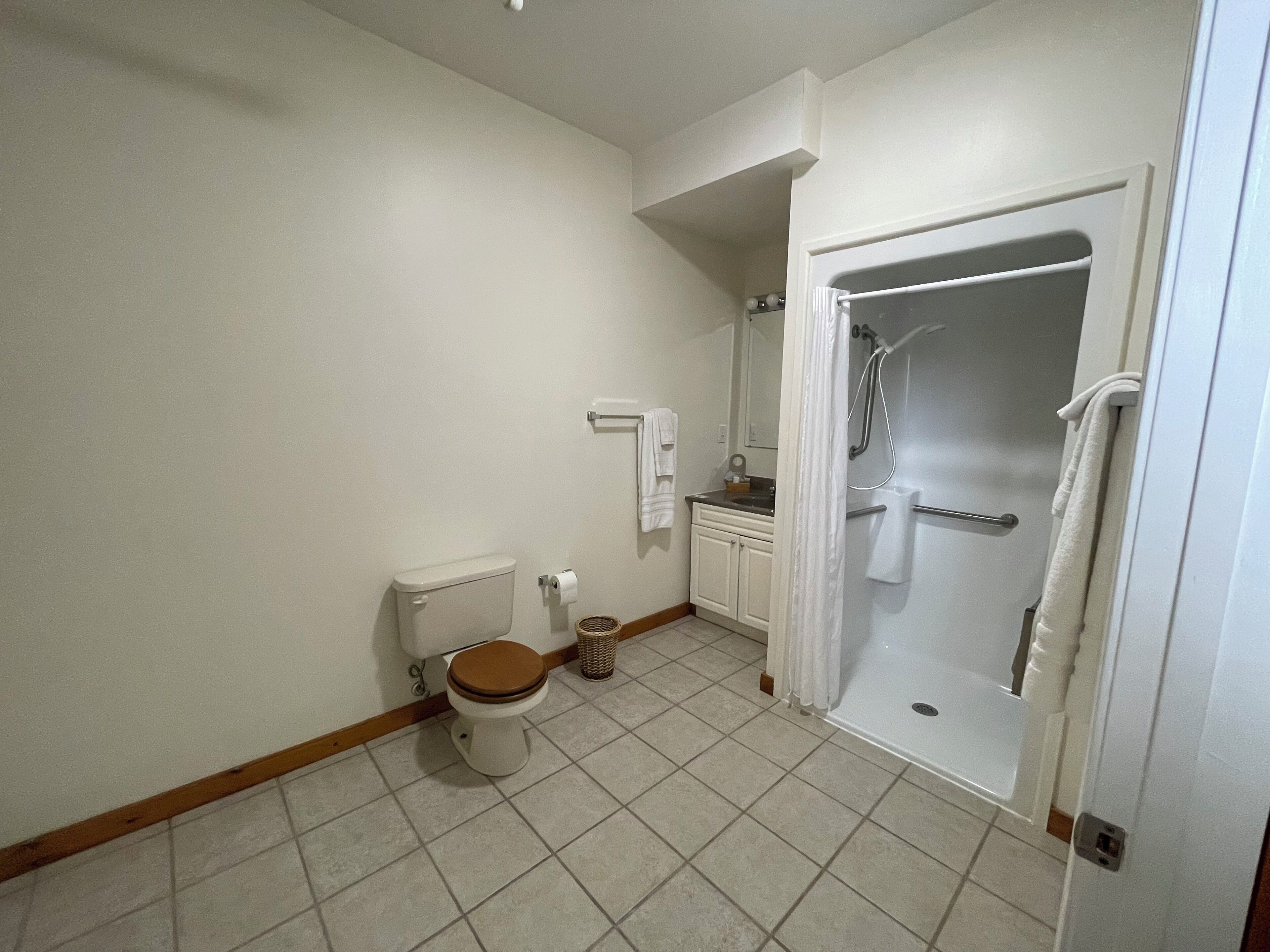 Un baño con inodoro, lavamanos y ducha.