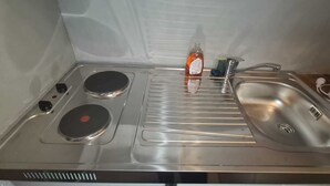 A compact kitchenette with two induction cooktops, a stainless steel sink, and a coffee maker.