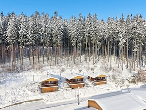 A snow-covered forest with three wooden cabins.