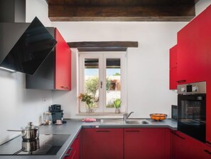 Fridge, oven, dishwasher, cookware/dishes/utensils