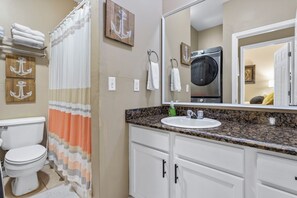 Hair dryer, towels, soap, toilet paper