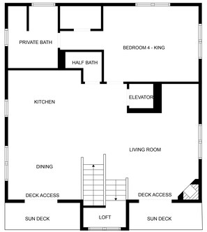 Un plan d’étage comprenant une salle de bain privée, une salle de bain de service, une cuisine, une salle à manger, un salon, deux terrasses ensoleillées et un ascenseur.