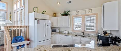 A modern kitchen with white cabinetry, a granite countertop, a built-in microwave, and a stainless steel sink.