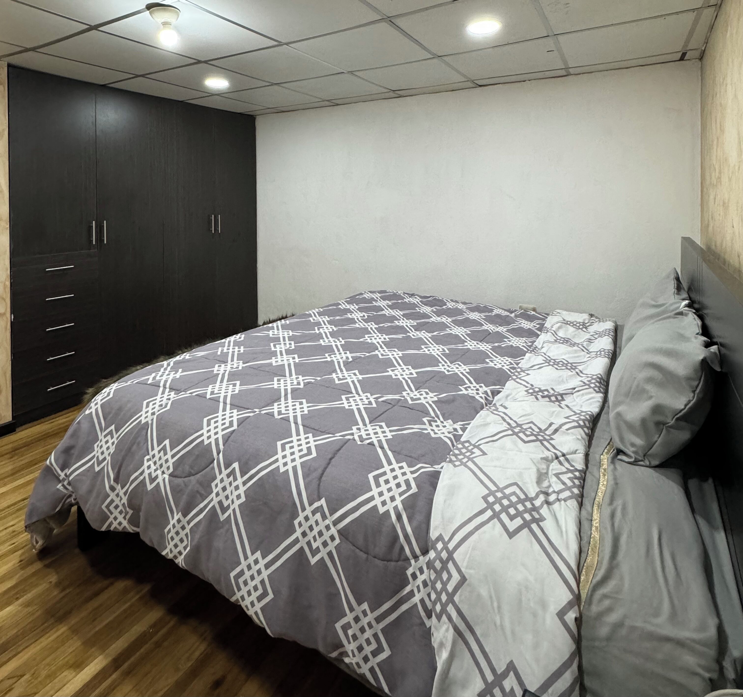 A bedroom with a bed, a wardrobe, and a ceiling light.