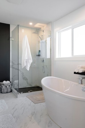 Douche, séchoir à cheveux, serviettes fournies, savon