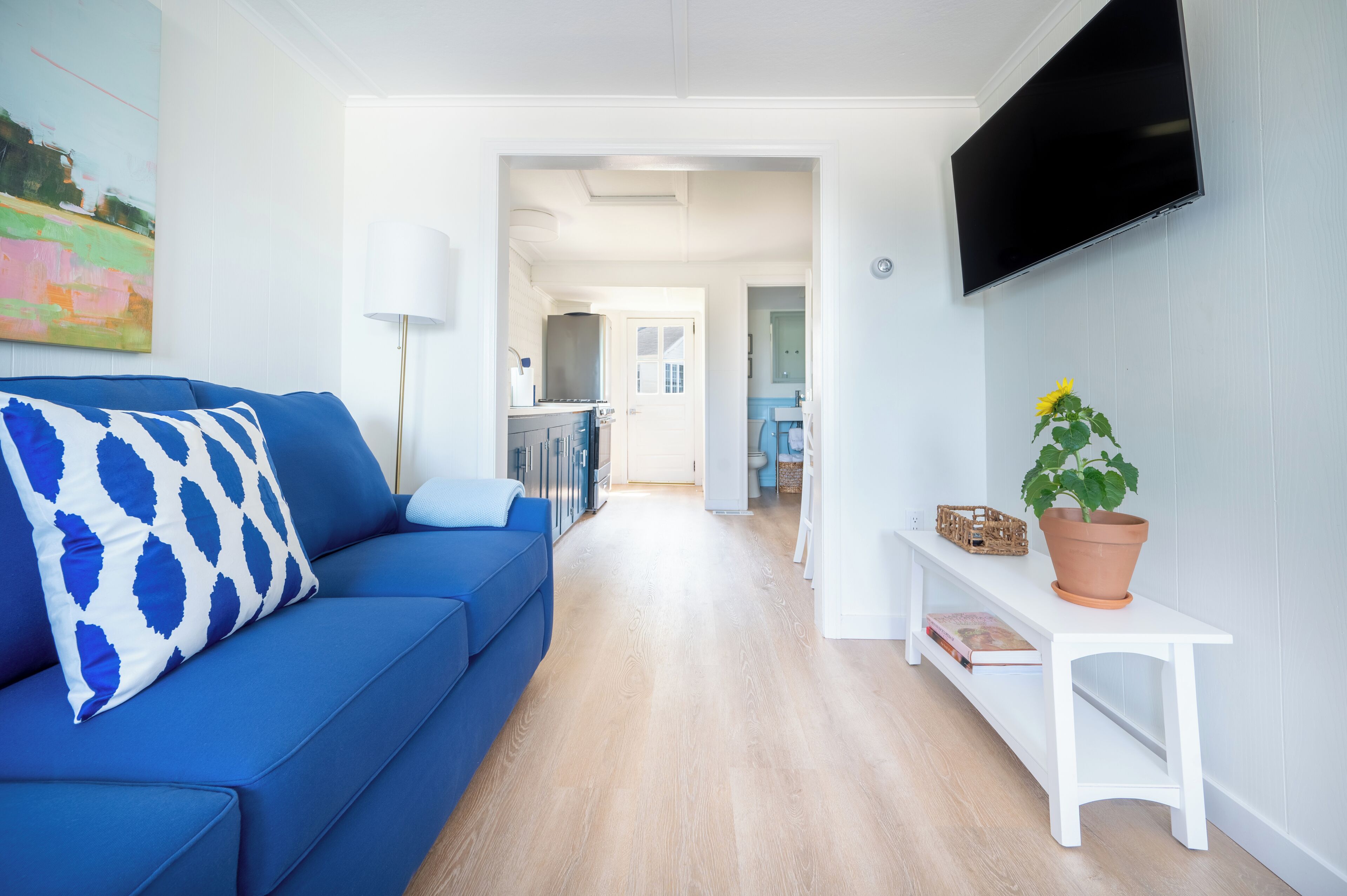 A modern living room with a blue sofa, a white console table with a potted plant, and a flat-screen TV mounted on the wall.