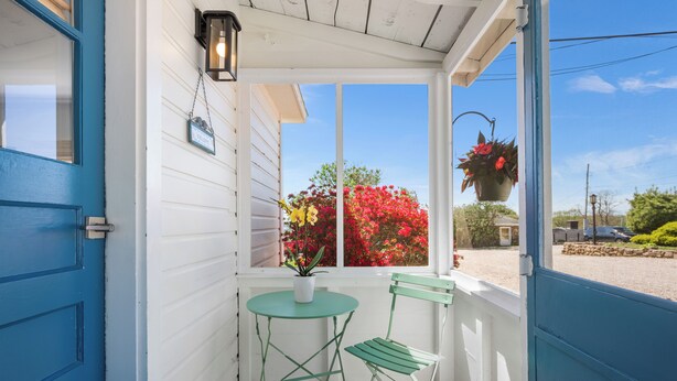 A blue door, a small table with a potted plant, and a green chair on a porch.