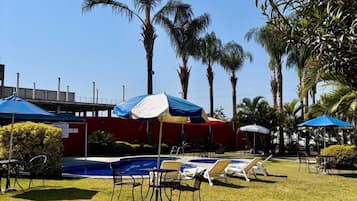 Zona de piscina con sillas de descanso y sombrillas, rodeada de palmeras y un edificio con fachada roja.