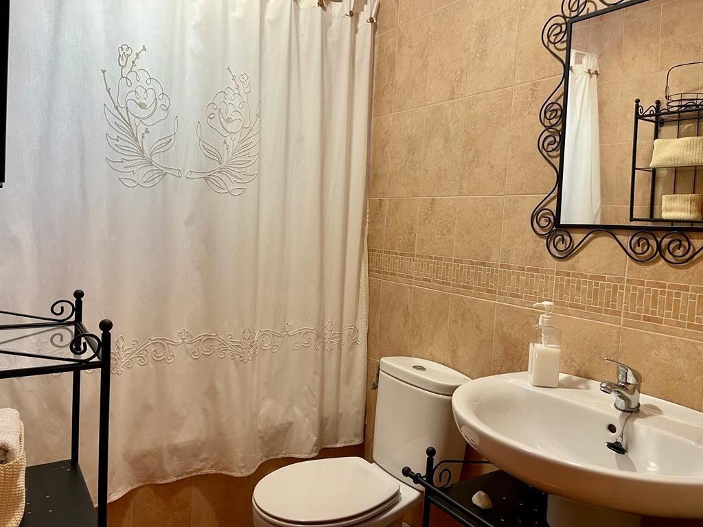 Une salle de bain avec un rideau de douche blanc, des toilettes, un lavabo avec un distributeur de savon et un miroir avec un porte-serviettes.