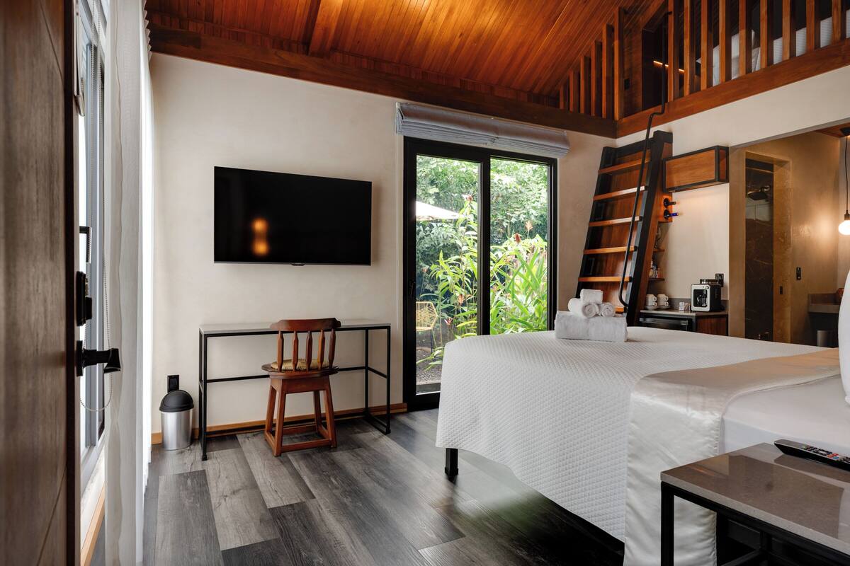 A hotel room with a bed, a desk, a chair, a TV, a window with a view of greenery, and a ladder.