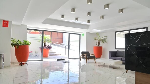 En moderne lobby med glasentr é, store potteplanter, en receptionsdisk i marmor og en grå sofa.
