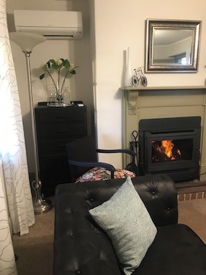 Un salon avec une cheminée, un canapé noir avec un coussin, une plante décorative et un miroir au mur.