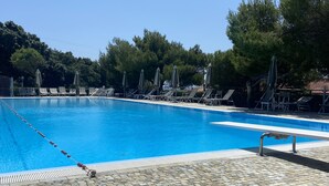 A swimming pool with lounge chairs and umbrellas, surrounded by trees. - Sea view Terrace, Pool, Direct Sea Access in Residence with Tennis (Rosignano Marittimo)