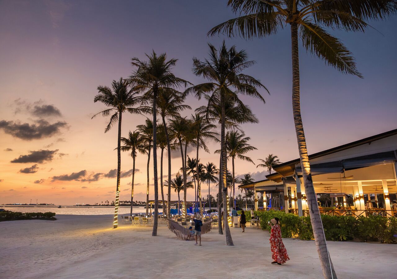 Un resort frente a la playa con palmeras, una playa de arena y un edificio con terraza.