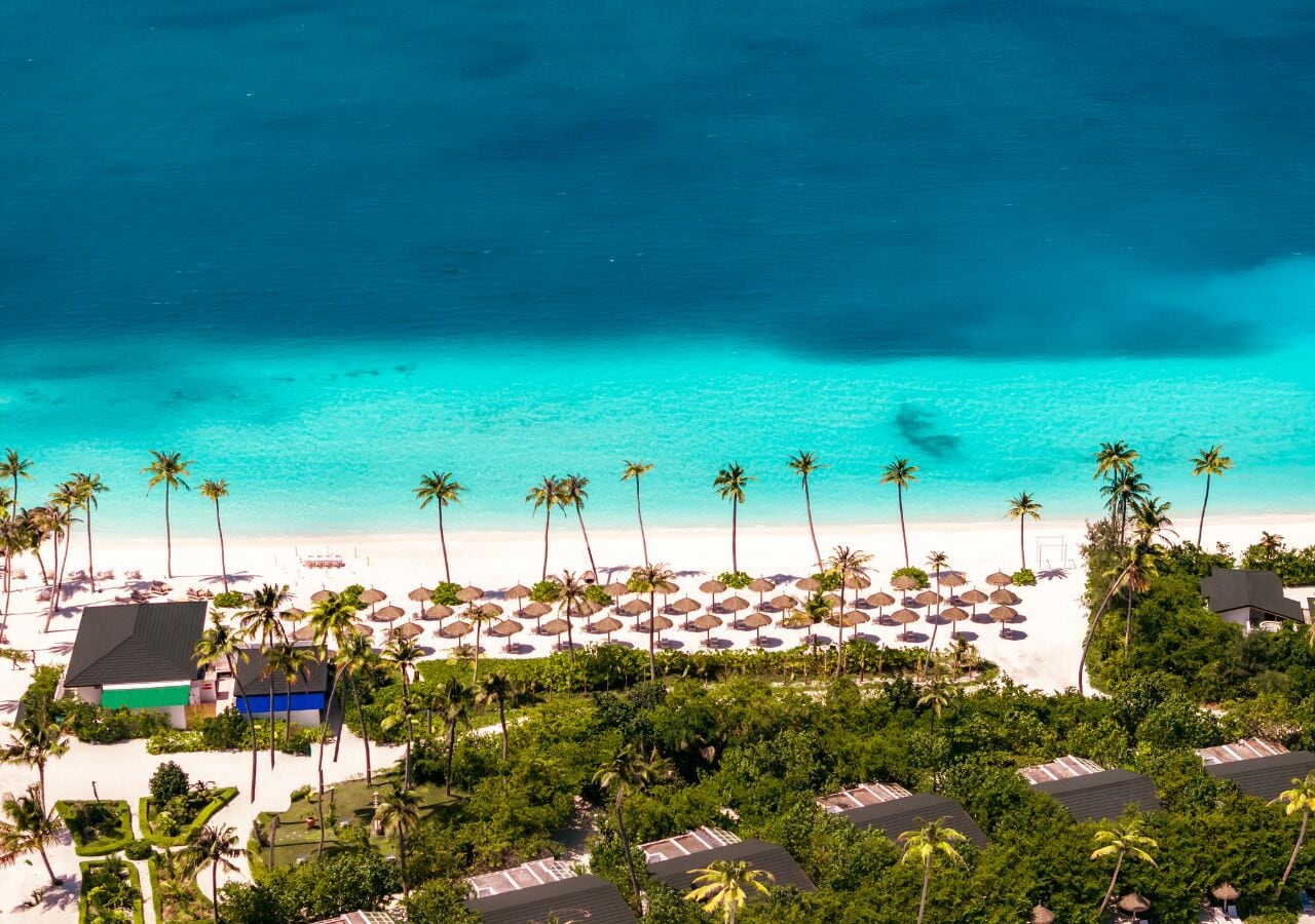Vista aérea de un complejo turístico en la playa, con un mar turquesa cristalino, filas de palmeras y sombrillas de playa.