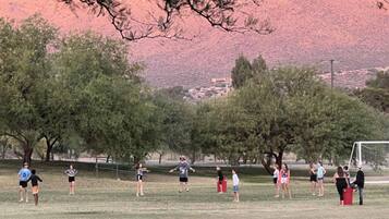 Enjoy a game of frisbee or soccer in this scenic outdoor space surrounded by trees and a mountainous backdrop.
