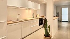 A modern kitchen with white cabinets, a sink, and a countertop with a cactus plant. - L'Appart'Mer by Interhome (Plérin)