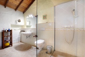 Chuveiro, secador de cabelo, toalhas de banho 