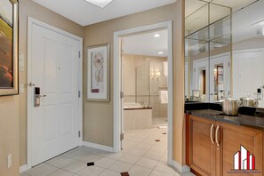 Shower, hair dryer, towels, soap - MGM Signature-30-705 F1 Track & Strip View Balcony (Las Vegas)