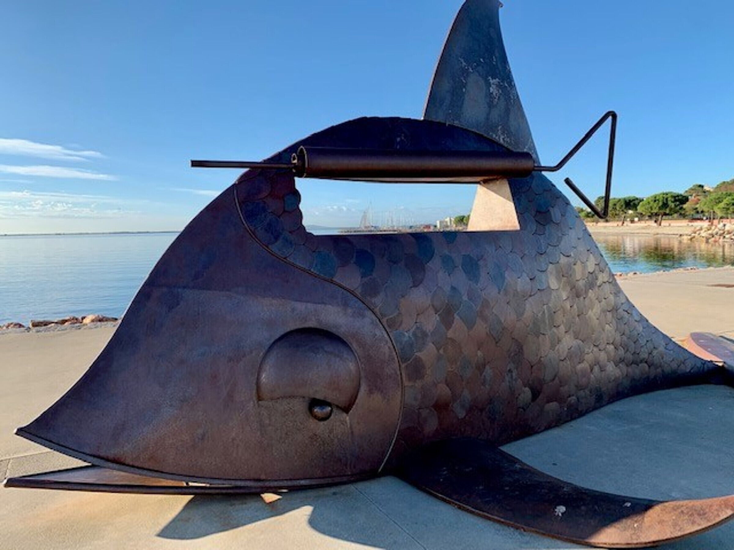 Une grande sculpture métallique représentant un poisson doté d’une nageoire caudale bien visible, placée sur une surface en béton près d’une étendue d’eau.