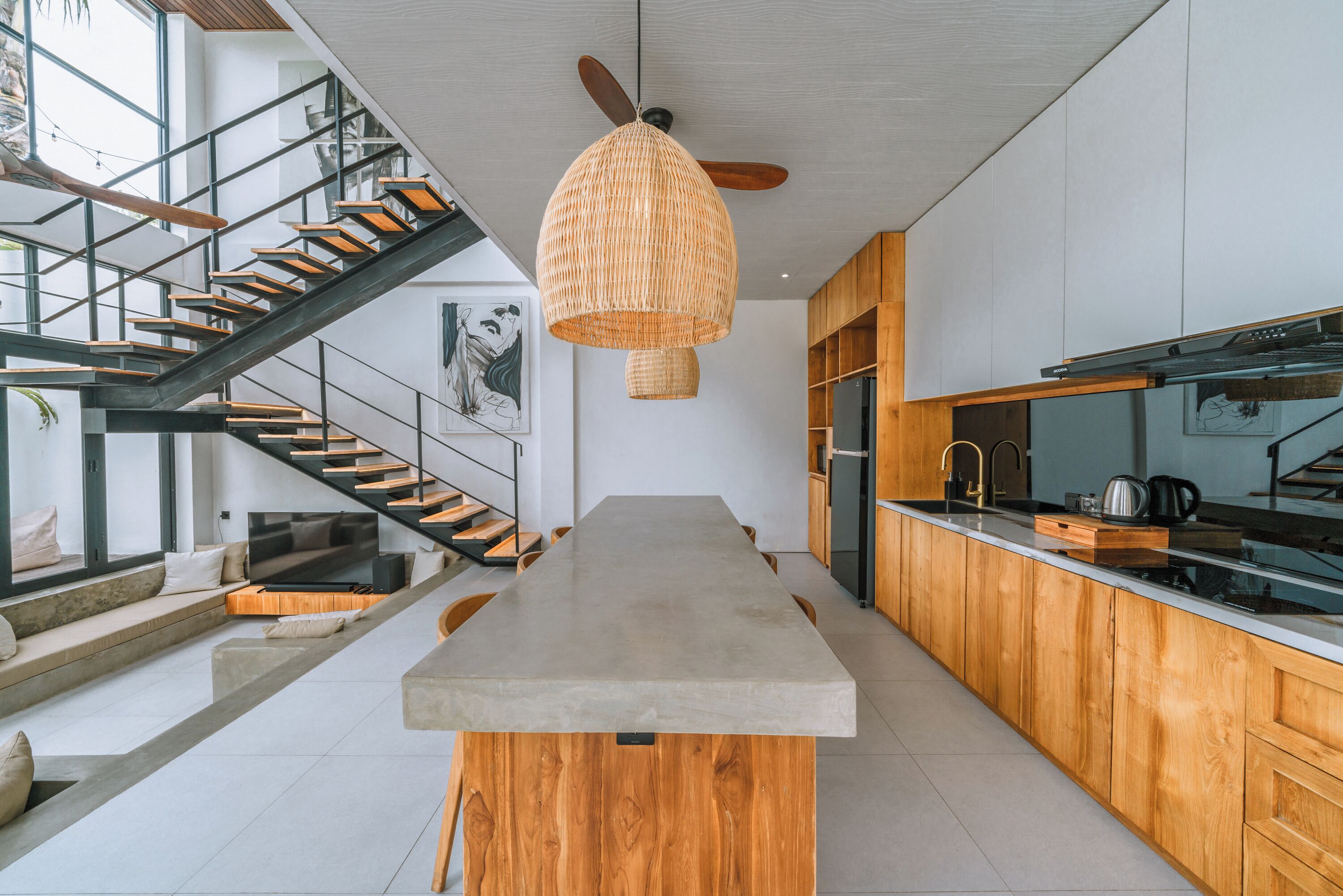 Fridge, microwave, stovetop, cookware/dishes/utensils