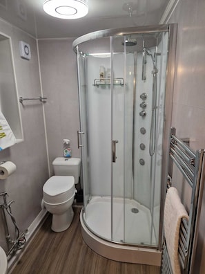 Uma casa de banho moderna com cabine de duche em vidro, sanita e lavatório.