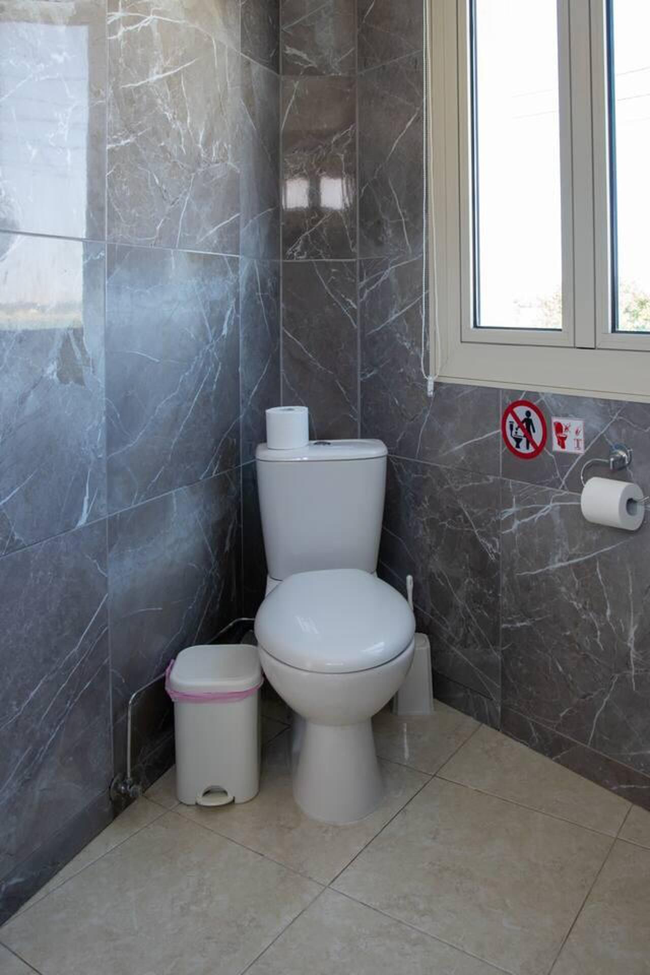 A bathroom with a toilet, a trash bin, and a toilet paper holder.