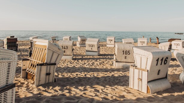 Rows of numbered beach chairs on a sandy beach with the ocean in the background.