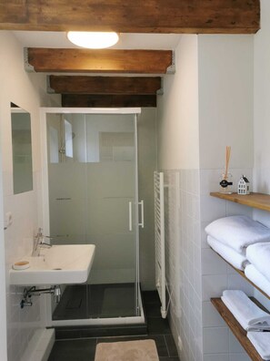 Hair dryer, towels, soap, toilet paper