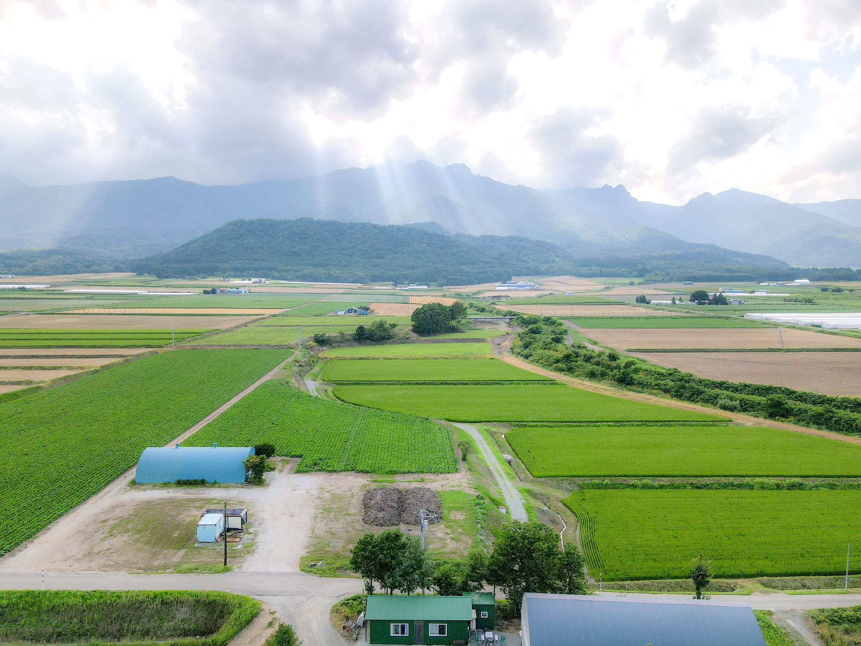 A rural landscape with fields, a small building, and mountains in the background.