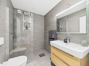 Douche, séchoir à cheveux, serviettes fournies, savon