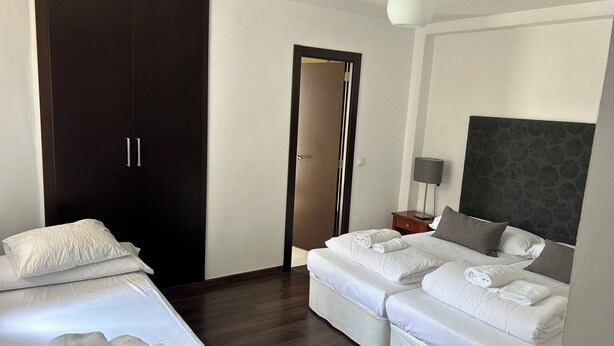 A hotel room with two beds, a wardrobe, a bedside table with a lamp, and a headboard with a leaf pattern. - Restaurante Hotel BADAIN (Tella)