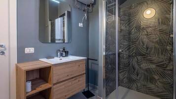 Shower, hair dryer, bidet, towels