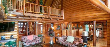 Fireplace, foosball, books