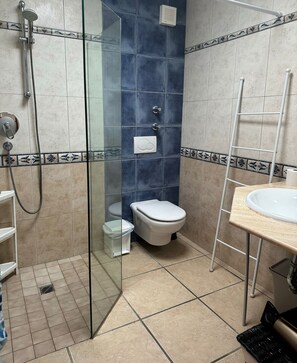 Doccia, asciugacapelli, asciugamani, carta igienica