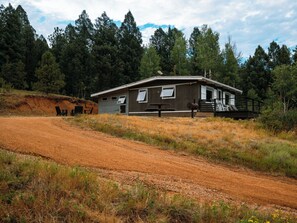 A cabin with a dirt path leading to it, surrounded by trees. - Pike National Forest Cabin with Mountain Views, Deck & Wood Fireplace (Woodland Park)