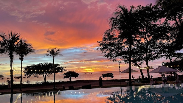 A poolside view with a sunset, palm trees, and a calm sea.
