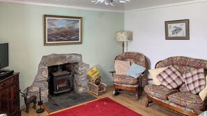 A living room with a fireplace, a television, a chair, a sofa, and a painting on the wall. - The House on the Point - UK43807 (Kylerhea)