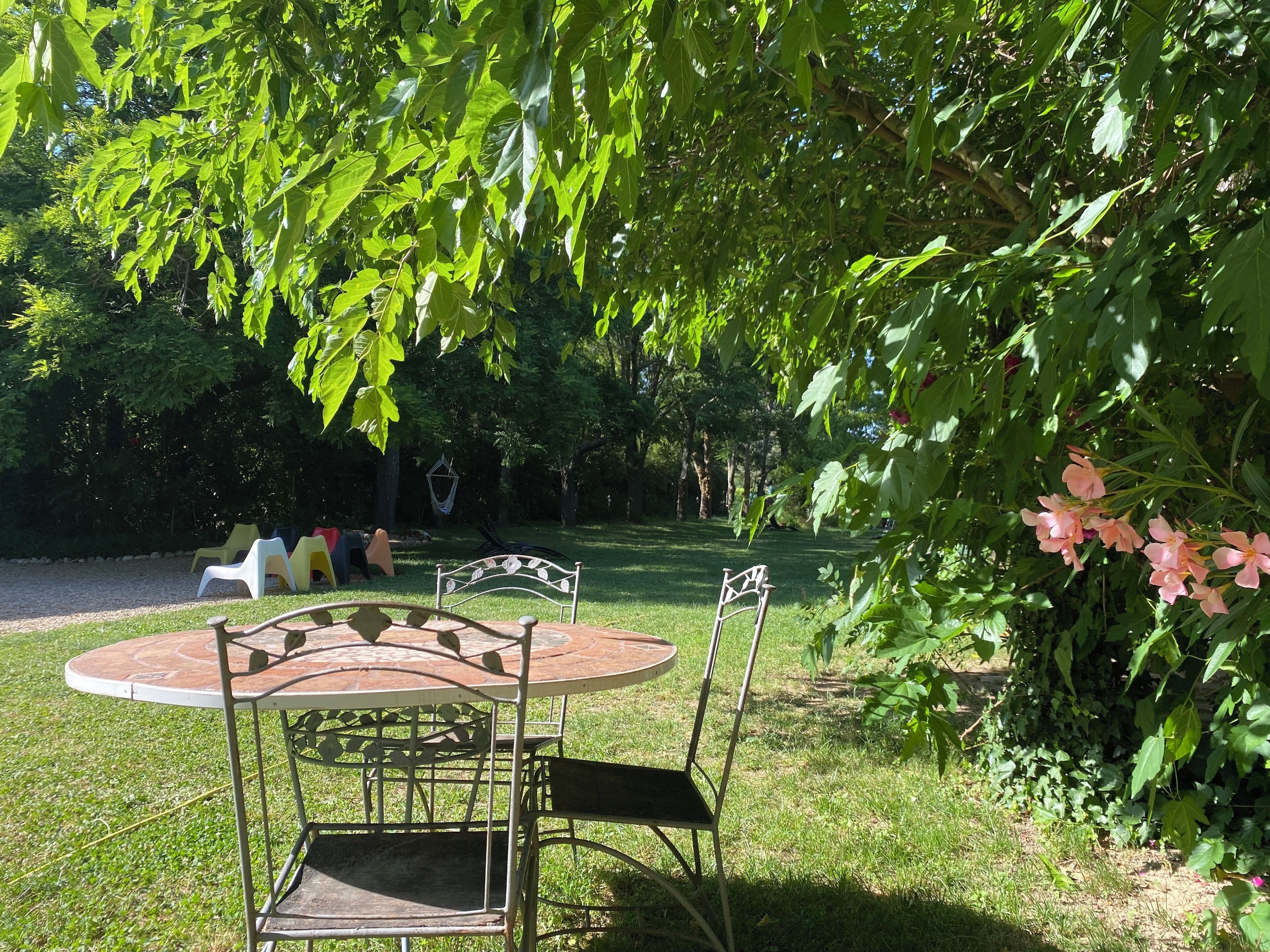 A round metal table with chairs, surrounded by lush greenery and trees.