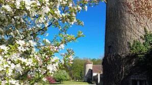 A courtyard with a stone tower, a well-maintained lawn, and blooming trees. - Magnifique Domaine de Caractère en Pleine Nature (GY LES NONAINS)