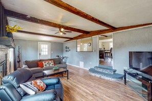 TV, fireplace, books