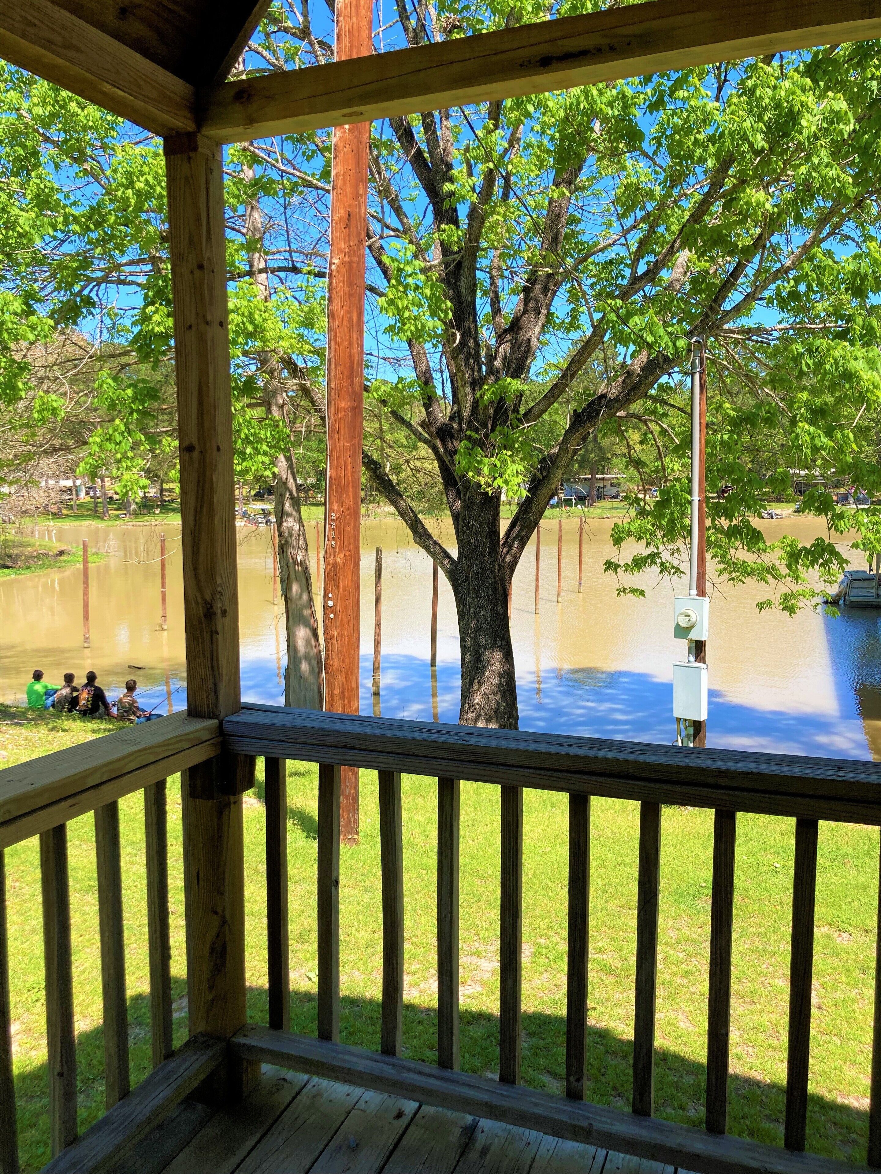 A wooden deck with a view of a large tree and a flooded area.
